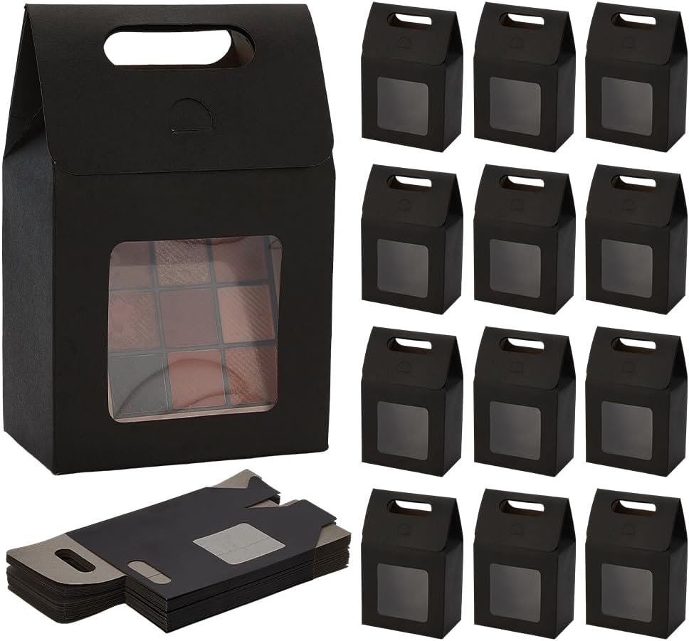PH PandaHall 24pcs Black Gift Box with Handle Small Goodies Boxes Gable Paper Party Favor Boxes Candy Container with Window for Gift Packaging 3.8x2.3x5.9 Inch