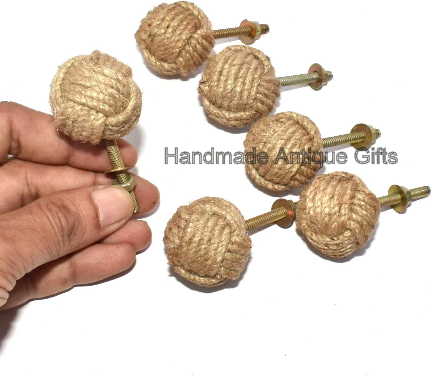 6 Knotty Door knobs - Nautical Drawer pulls - Jute Rope Drawer pulls