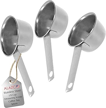 3pc BPA FREE STAINLESS STEEL ALAZCO COFFEE MEASURING SCOOP 1/8 CUP (2 Tbsp | 30 ml | 30 cc | 1 oz) Holiday Baking Cooking Measuring Scoop Spice Herbs Salt Sugar Flour Cocoa Protein Powder Keto Cream