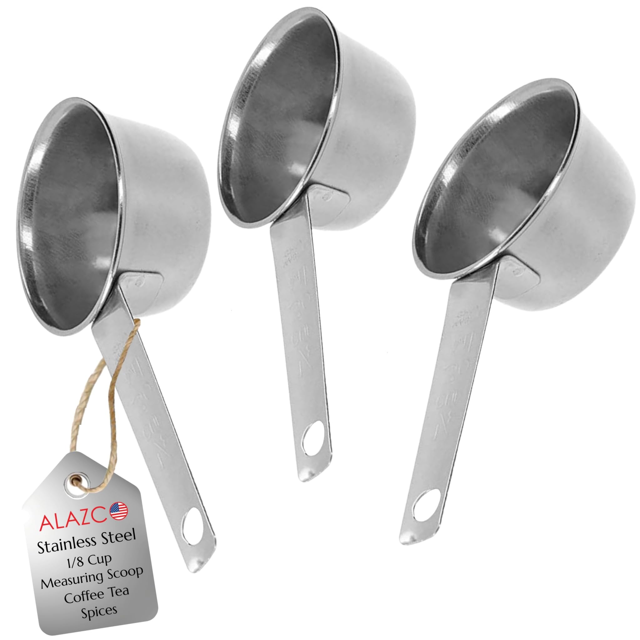 3pc BPA FREE STAINLESS STEEL ALAZCO COFFEE MEASURING SCOOP 1/8 CUP (2 Tbsp | 30 ml | 30 cc | 1 oz) Holiday Baking Cooking Measuring Scoop Spice Herbs Salt Sugar Flour Cocoa Protein Powder Keto Cream