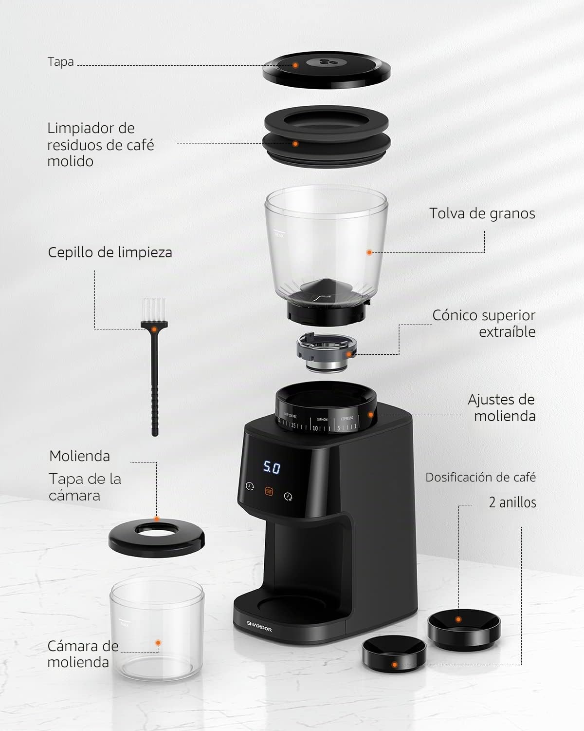 Molinillo de café, 31 pasos Incluso, molido fino ajustable, eléctrico, molino de conos para espresso, antiestático, 165 W, LED, 31 pasos