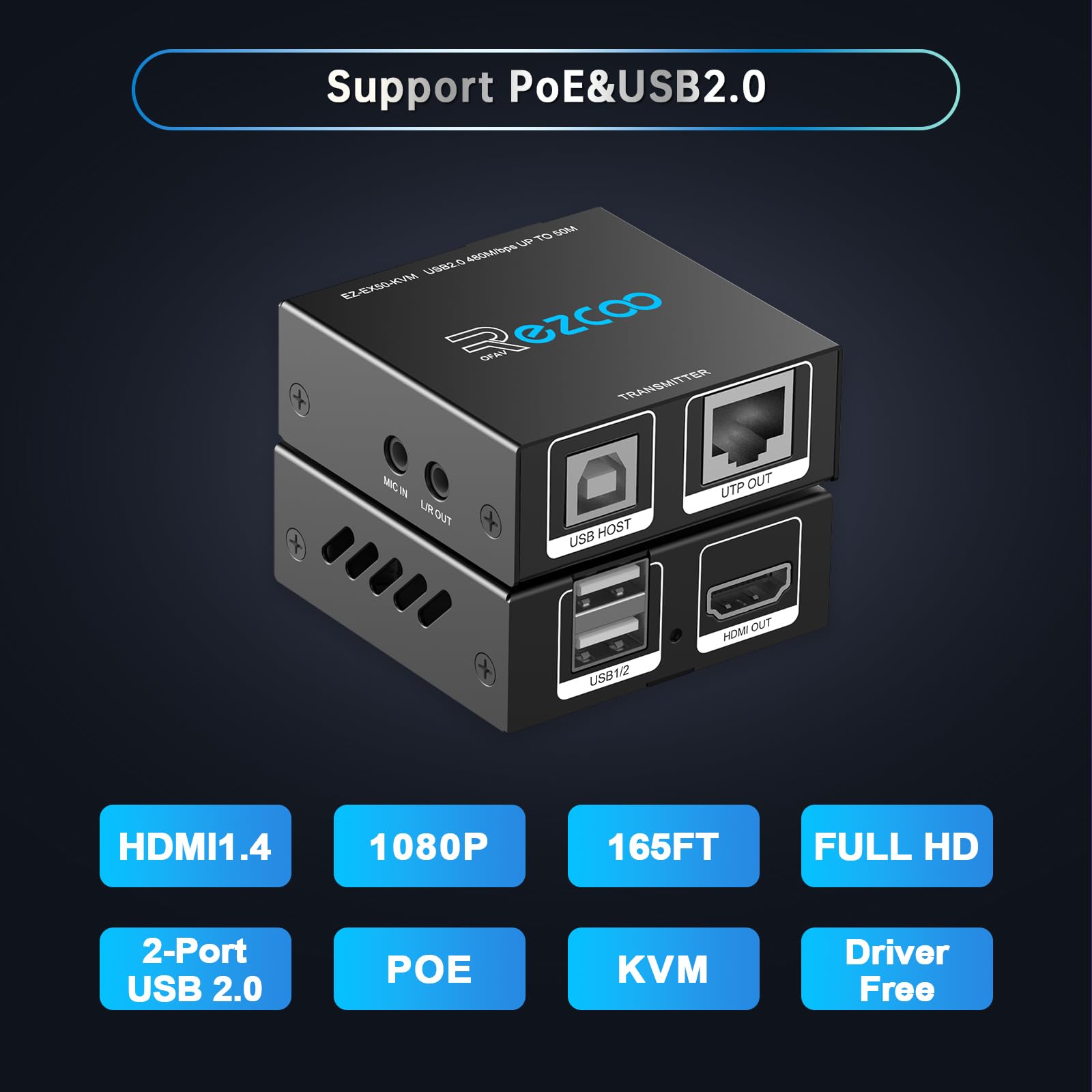 Extension KVM HDMI USB vers RJ45 via Cat5e/6/7 1080P@60Hz jusqu'à 150ft/50M, HDMI via Ethernet Émetteur Récepteur prend en charge clavier, souris, 2 ports USB2.0, hub POE stéréo audio et microphone
