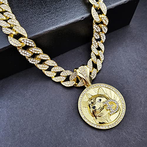 Gold plated Simulated Diamond DOGE COIN Medal Pendant & 15mm 16" 18" 20" 24" 30" Iced Cuban Chain Hip Hop Jewelry Bling Necklace Gift2