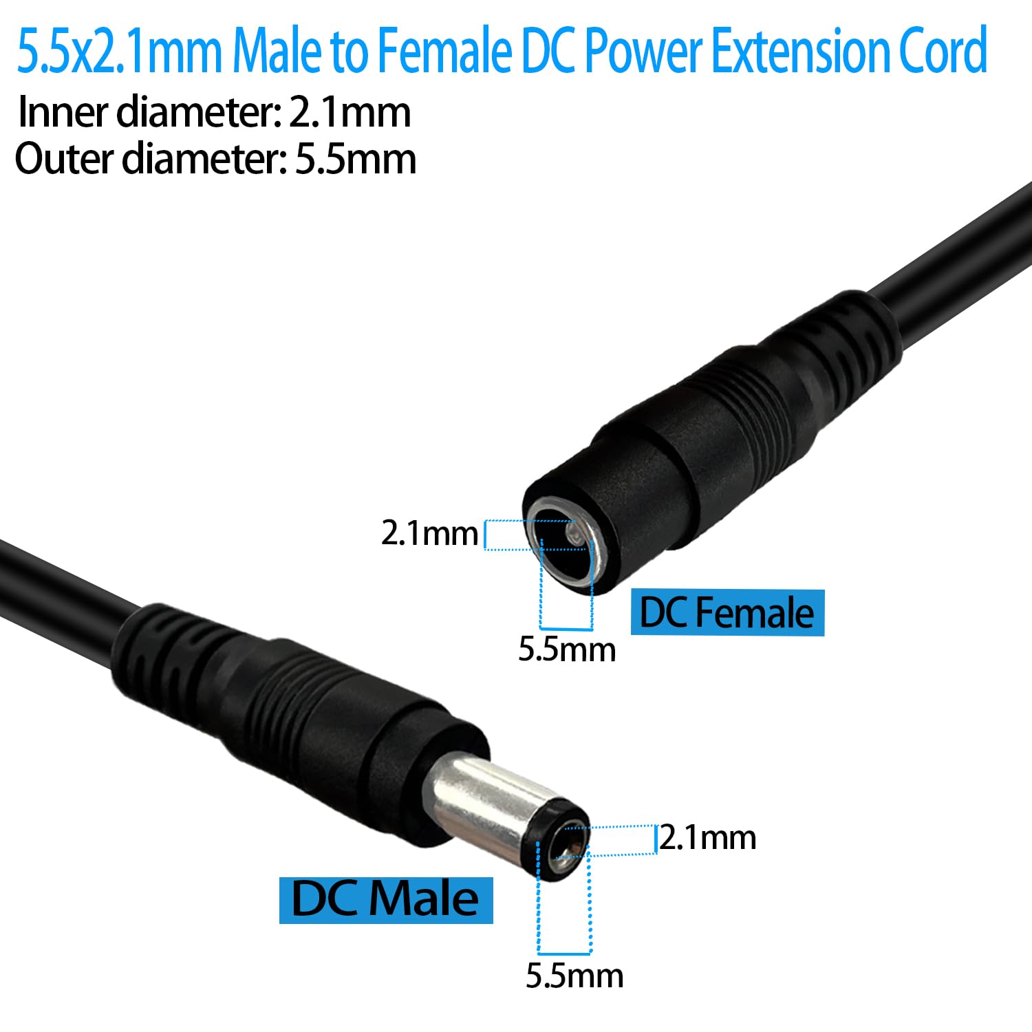9.8ft DC Power Extension Cable 5.5x2.1mm Male To Female - 12V 3A For CCTV Cameras & LED Strips 2 Pack
