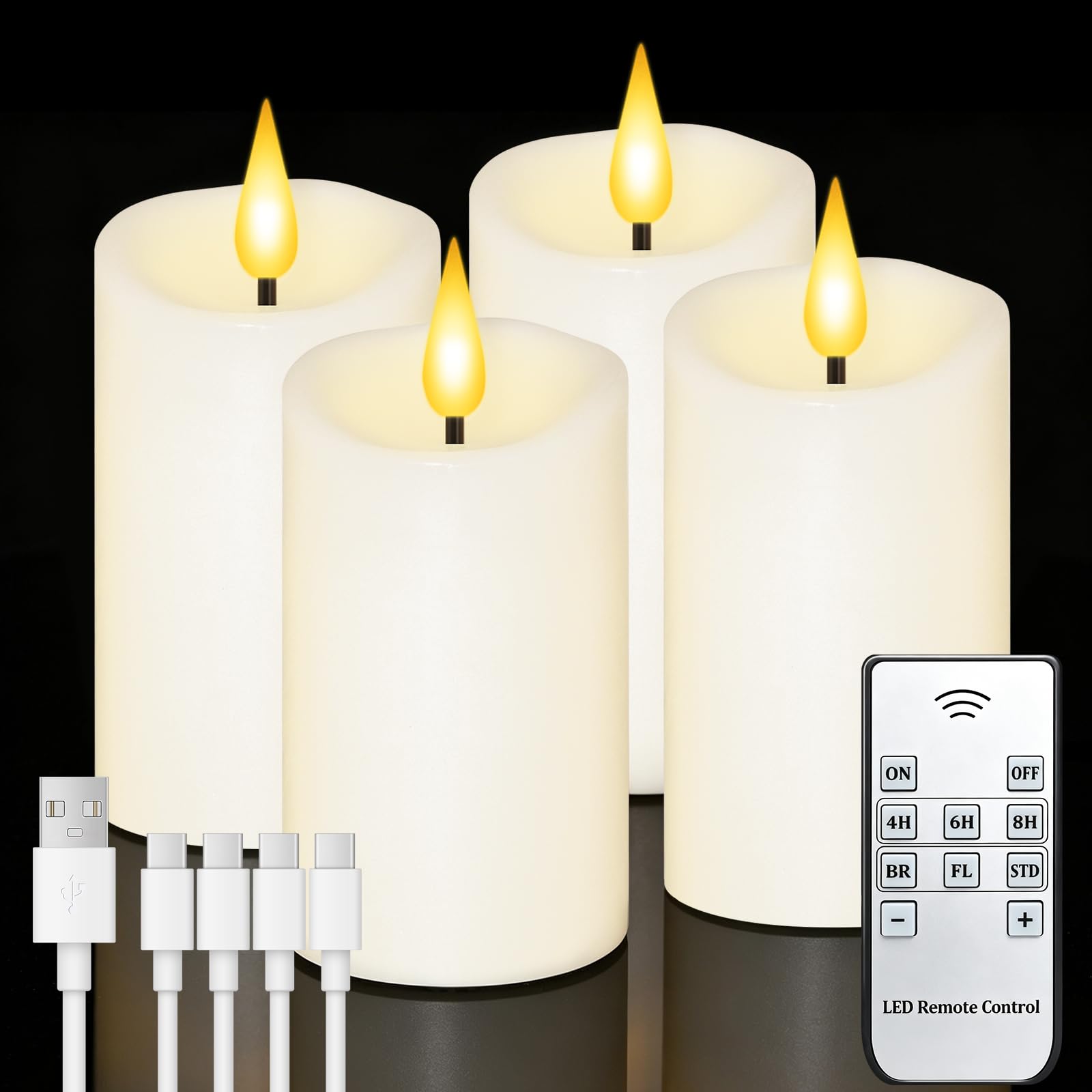 Lot de 4 bougies piliers rechargeables sans flamme avec télécommande et minuteur, LED vacillante USBC revêtues de cire véritable pour Halloween, Noël, maison, mariage et décoration de