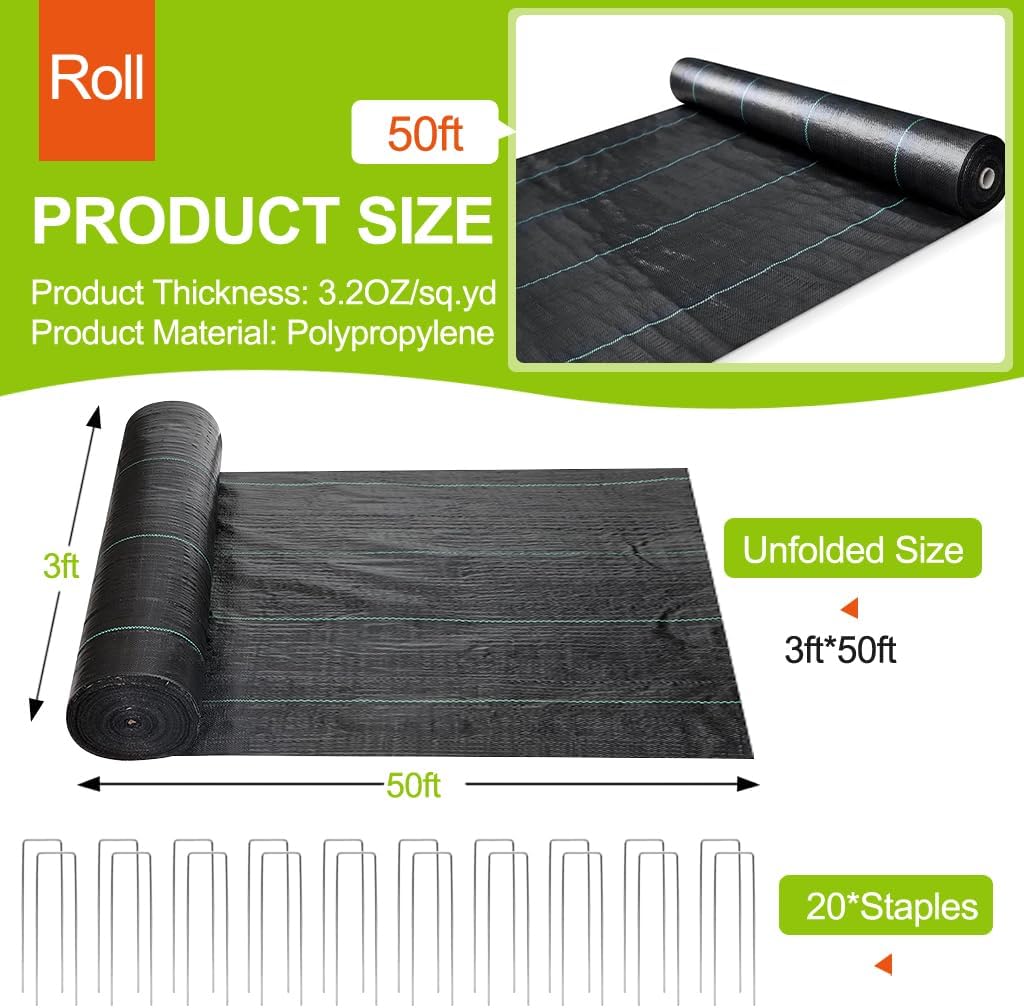 Heavy Duty Weed Barrier, 3.2oz Thick Geotextile Landscape Fabric 3ft x 50ft with 20 U-Shaped Stakes, Commercial Grade Weed Block Ground Cover, Black