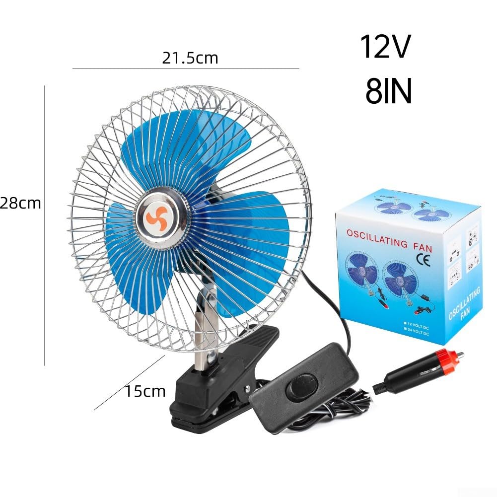 Ventola di raffreddamento per interni del veicolo, velocità regolabile, clip in metallo, con cavo di alimentazione da 1,8 m, per auto e camion (8" 12 V)