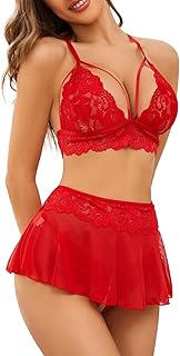 Satohom Women's 3-Piece Mini Skirt Lace Bra and G-String Lingerie for Women Lace Teddy Sexy Deep V Halter Women's Lingerie...