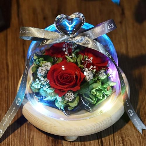 Miniatura 3 de Rosa preservada en cúpula de cristal, rosa roja con luces LED sobre base de madera, flores artificiales, regalos creativos para boda, cumpleaños,