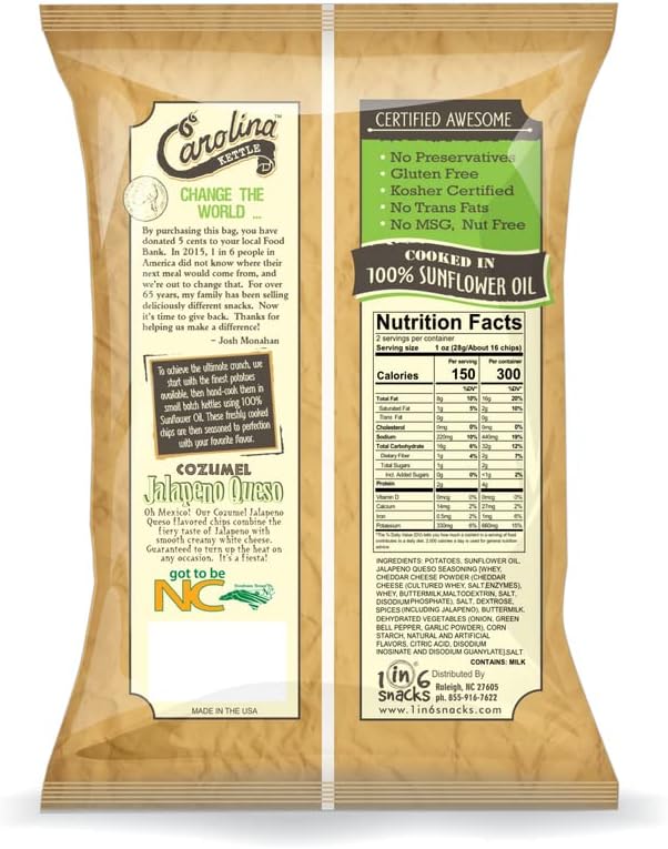 1 in 6 Snacks Carolina Cozumel Jalapeno Queso Kettle Cooked Potato Chips 2 oz Bagged