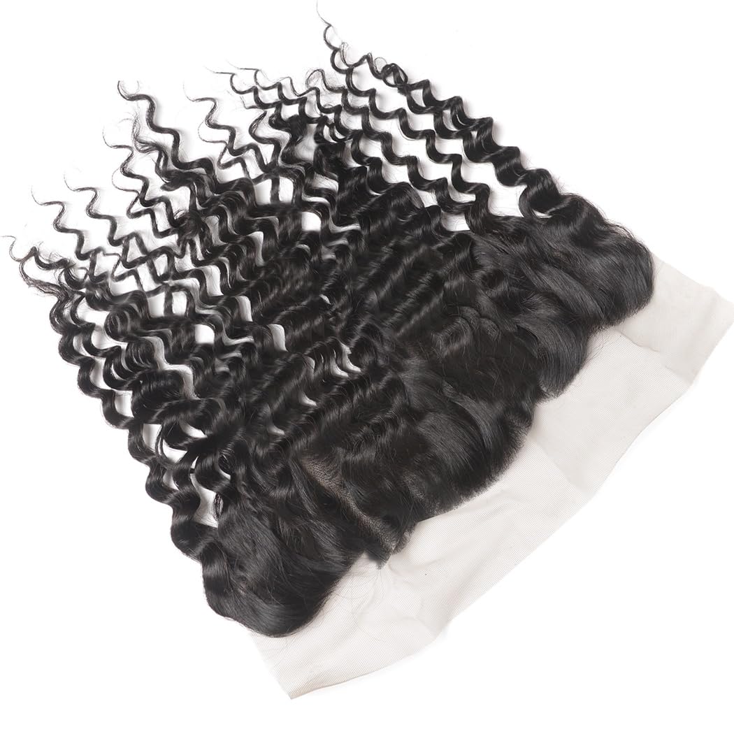 Odir 13x4 Lace Frontal Deep Wave Human Hair 180% Density Unprocessed 9A Deep Curly Virgin Hair 13x4 Ear to Ear Lace Closure Frontal with Baby Hair Natural Color 18 Inch