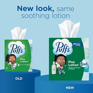 Puffs Facial Tissues Plus Lotion, 4 Family Boxes, 124 Facial Tissues per Box, Allergies and Colds (Packaging May Vary)