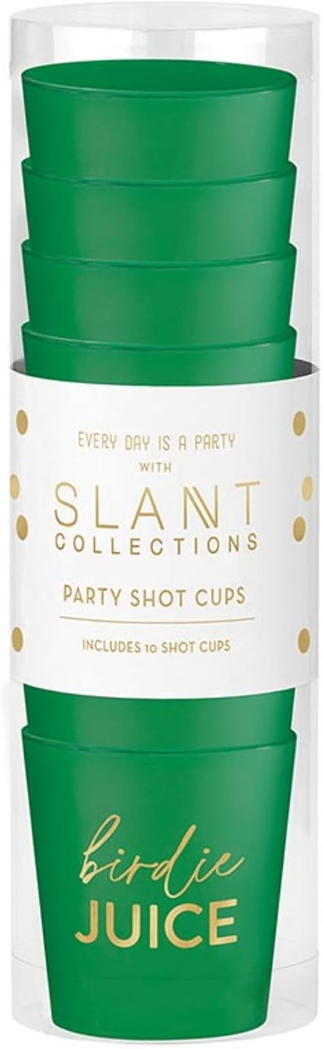 Slant Party Supplies Plastic Shot Glass Cups - 10-Count Disposable Reusable Mini Drink Glasses, 2-Ounce, Golf - Birdie Juice