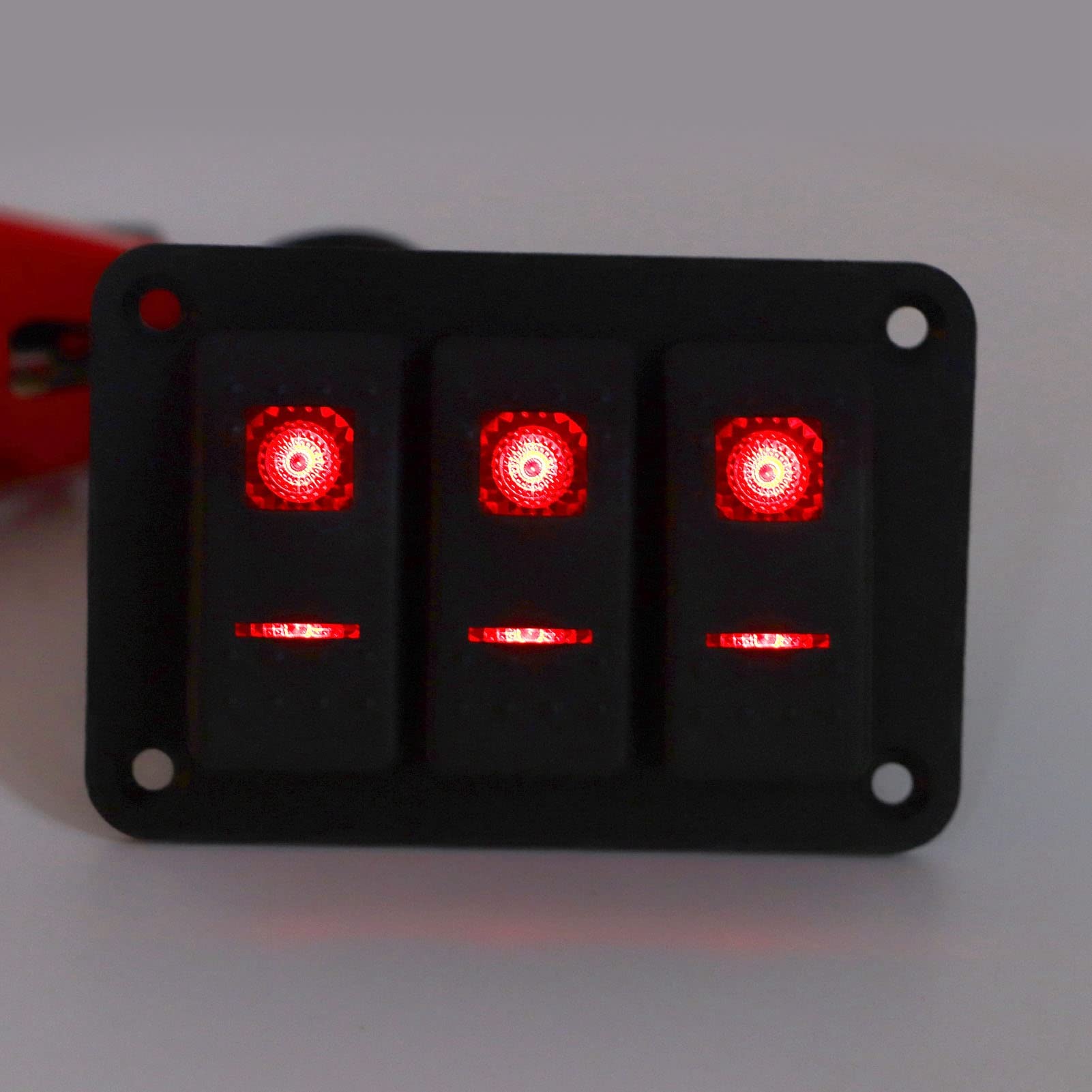 Ausla Panneau de Commutation à 3 Gangs PP en Aluminium, Panneau de Commutation DC12V 24V IP65 LED Rouge étanche pour Voiture Bateau RV Camion Commandes Barre Lumineuse Phare Feu Arrière