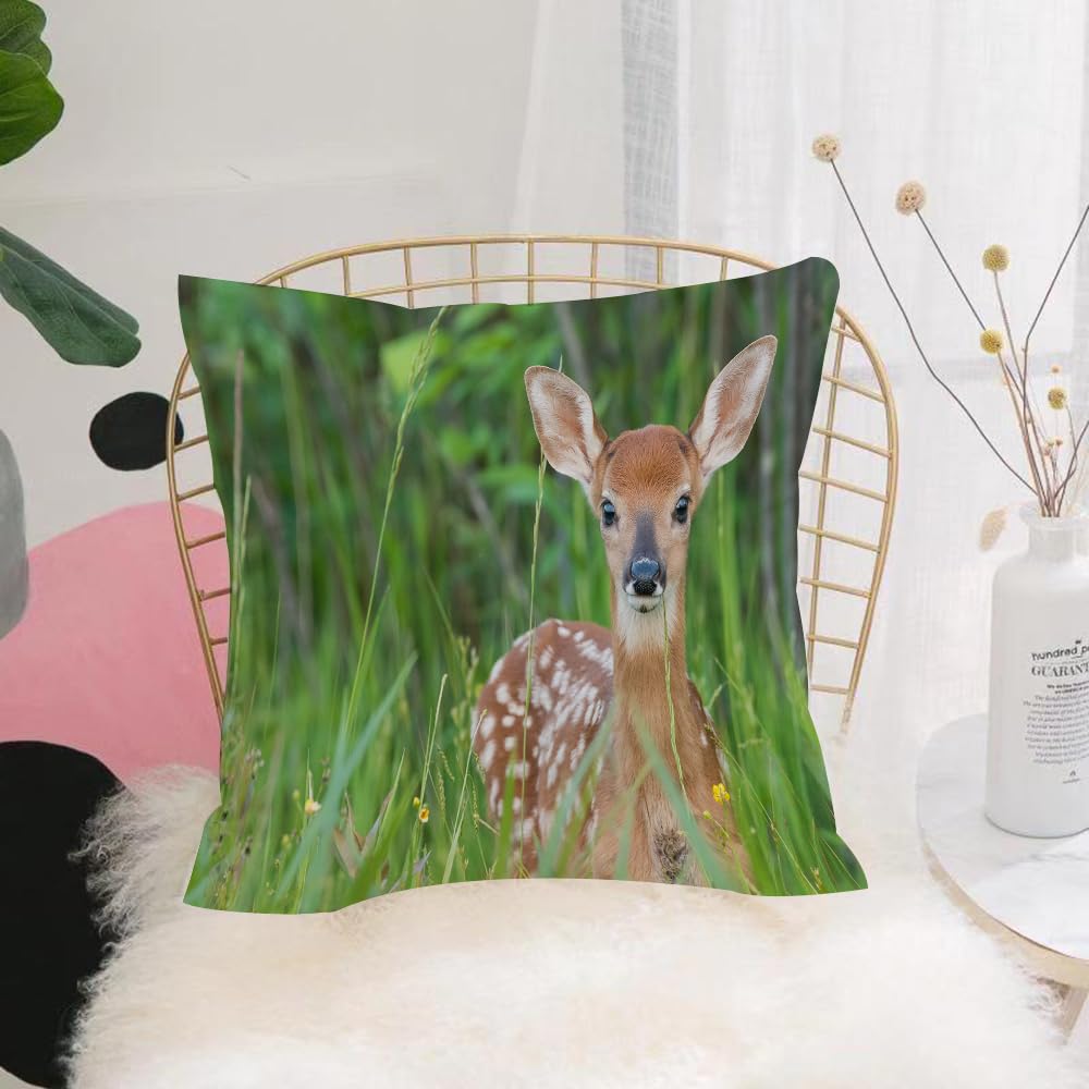 HYMSXW Cushion Cover,Throw Pillow Case Home Decorative for Living Room Bedroom Sofa Chair 20X20 Inch,Green forest deer, a small deer with white spots, nestled in lush green landsca,Pillowcase 50X50cm