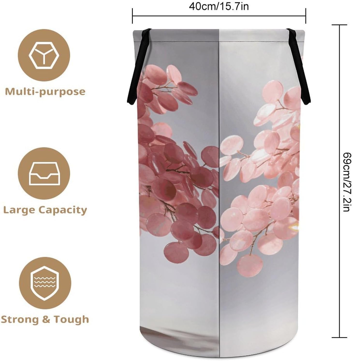 Pink Fortune Tree Laundry Hamper with Handles Waterproof Collapsible Laundry Basket Large Lightweight Round Dirty Clothes Hamper for Home Dorm Bathroom Decor