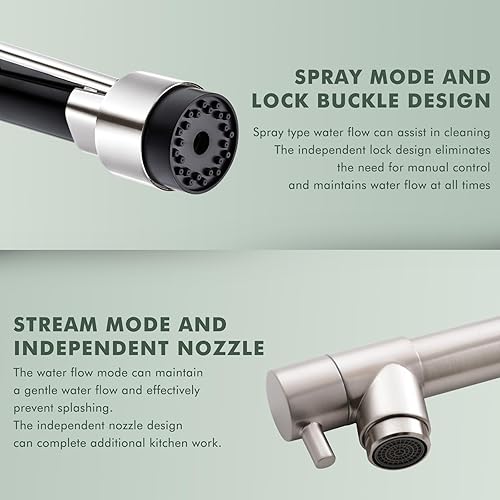 Miniatura 4 de GIMILI Grifo Comercial de Fregadero de Cocina de Dos Grifos con Pulverizador Extraíble de Níquel Cepillado