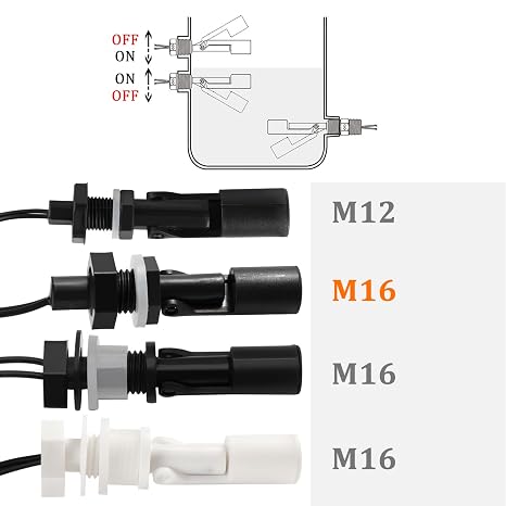 2 PCS M16 10W Water Liquid Level Sensor, Horizontal Float Switch, PP Side-Mounted Water Level Sensor Controller, with Spring Wire Connectors, for Fish Tank Pool, Black