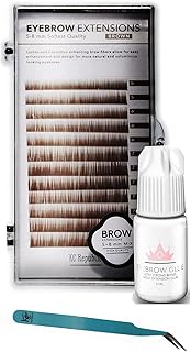 KC Republic Lash Eyebrow Extensions Kit with 1 x Trays of Mink False Eyebrows in Brown Comes on Mixed Length 5-8 Mm Mix, Eyebrow Extension Glue Clear & Extension Tweezers (Brown, Turquoise Tweezer)