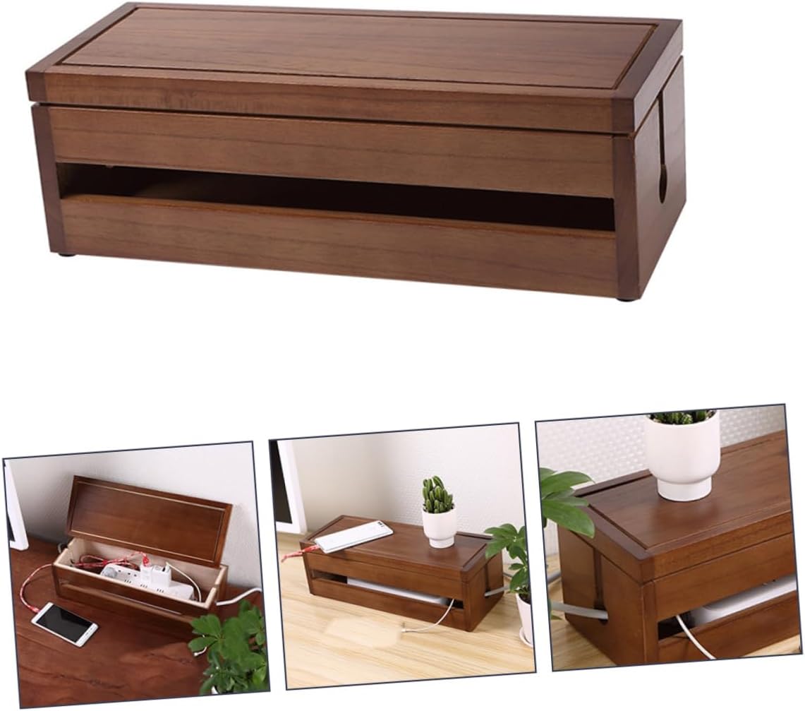 Lurrose Wooden Cable Storage Box Hub Design for Organizing Power Plugs and Wires Large Brown Wire Management Solution