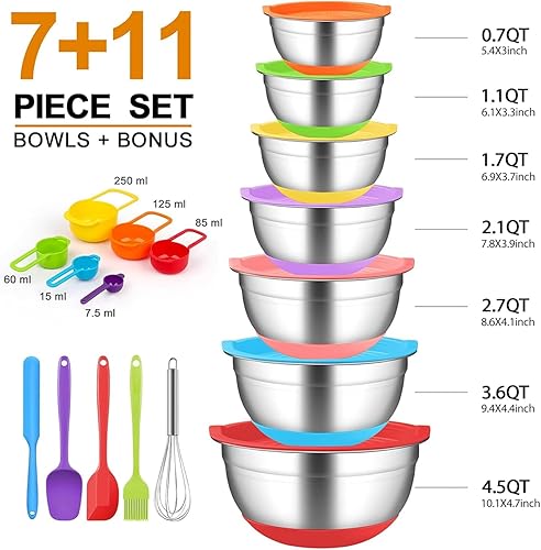 Miniatura 4 de CHAREADA Tazones de mezcla con tapas herméticas, juego de 18 cuencos de acero inoxidable para mezclar anidación, parte inferior de silicona
