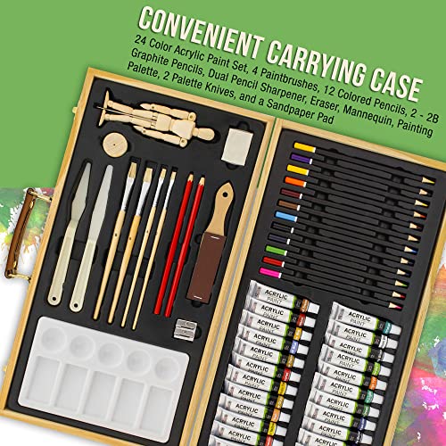 U.s. Art Supply 68-Piece Artist Painting And Drawing Set With Wooden Table Easel, 24 Acrylic Paint Colors, 6 Canvas Panels, 11 Brushes, 12 Colored Pencils, 2 Palettes, Sketch & Painting Pads, Art Case #TOP3
