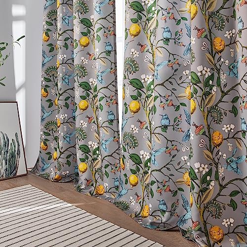 Image of Vintage Floral Pinch Pleated Blackout Curtains 84 Inches Long 2 Panels for Bedroom Living Room Grey White Flower Patterned Room Darkening,Lemon Design Hummingbird Colorful Window Treatments Drapes