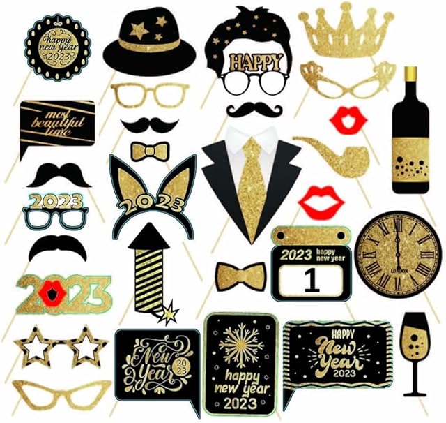 Dusenly 2023 New Years Eve Party Photo Booth Props Black Gold Glitter 31pcs DIY Funny Photobooth Props for 2023 New Year Party Decoration Supplies