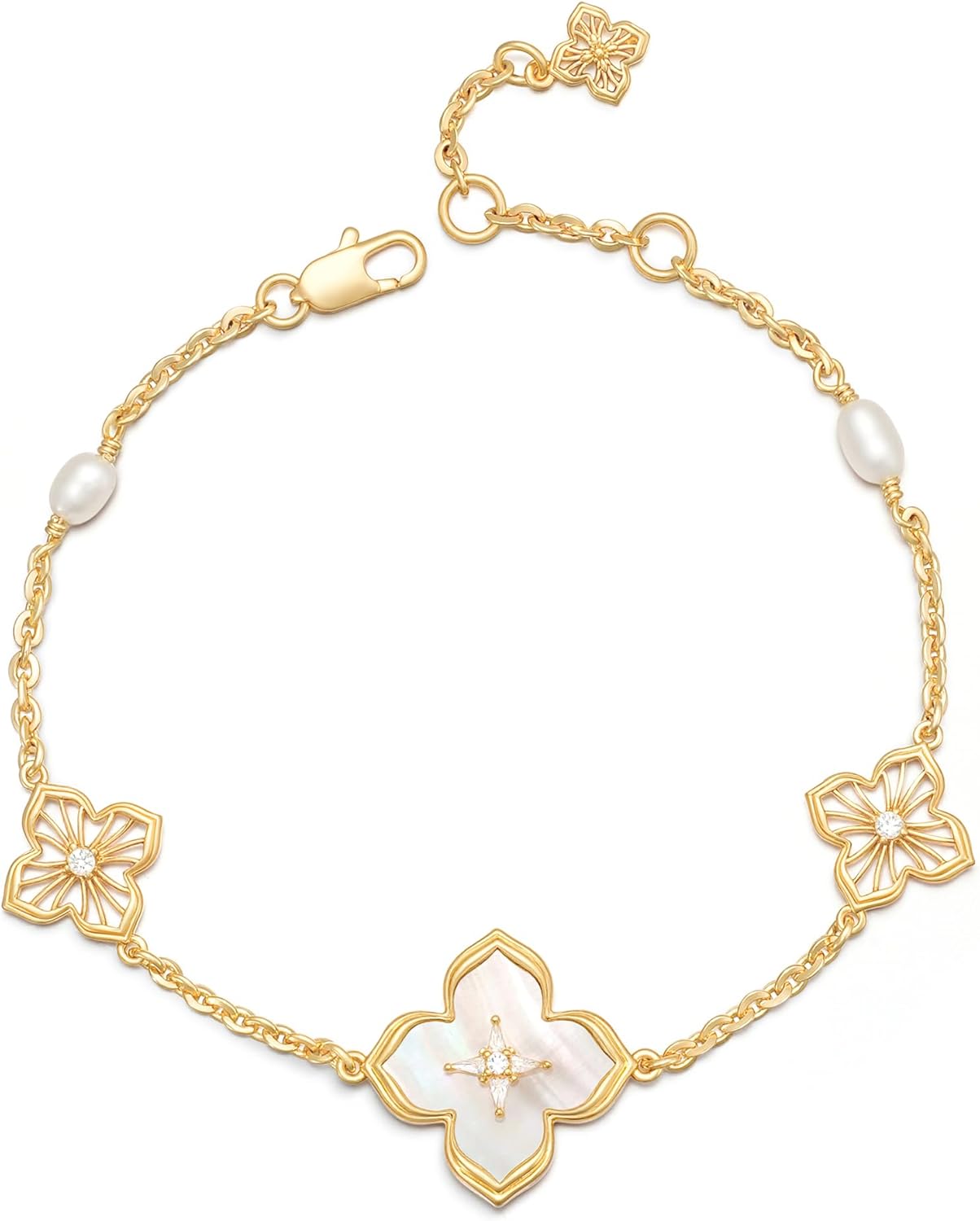 MYEARS Women Bracelet Gold Clover Flower Bead Sideways Charm Cubic Zirconia 14K Dainty Simple Thick Chain Everyday Trendy Lucky Jewelry