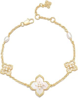 MYEARS Women Bracelet Gold Clover Flower Bead Sideways Charm Cubic Zirconia 14K Dainty Simple Thick Chain Everyday Trendy Lucky Jewelry