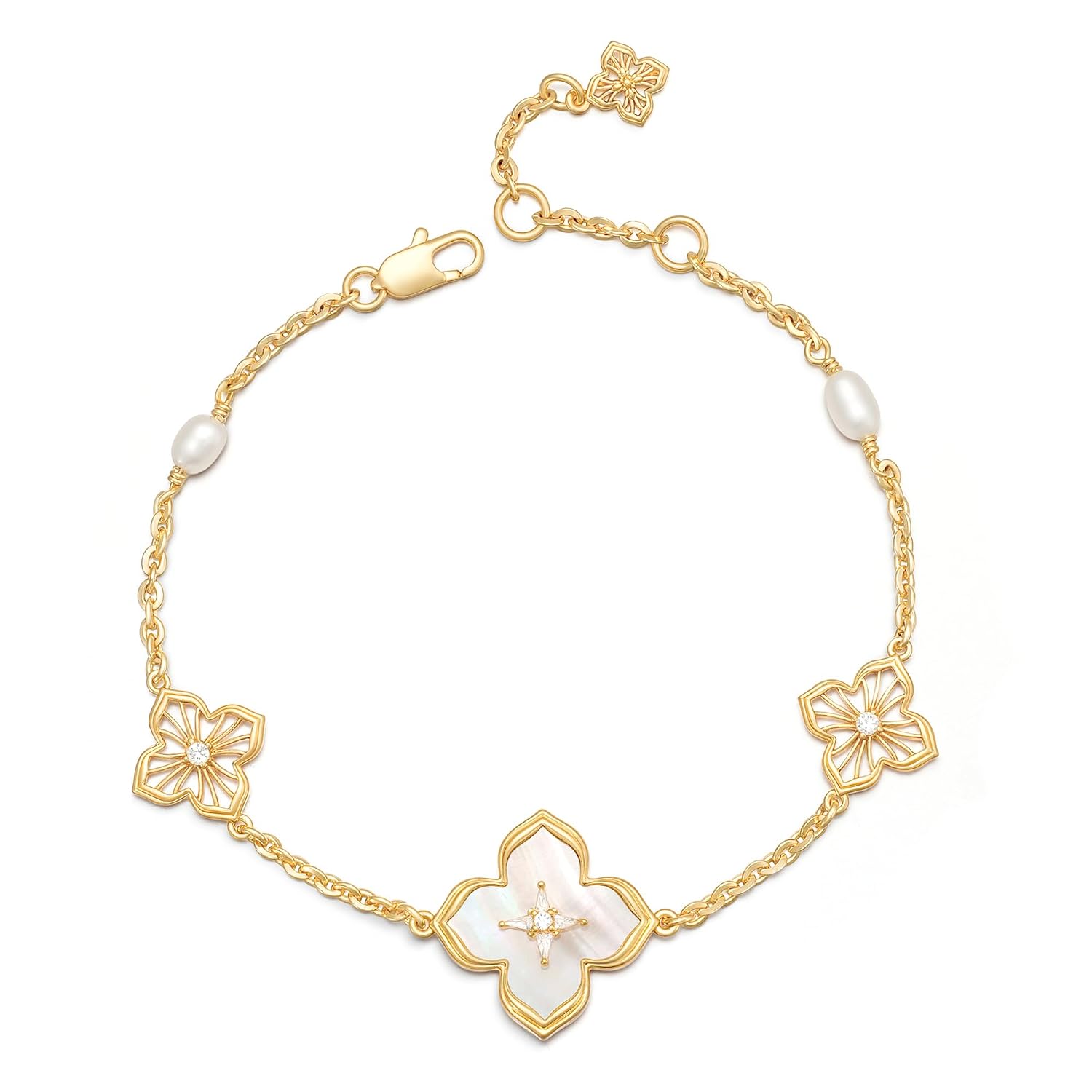 MYEARS Women Bracelet Gold Clover Flower Bead Sideways Charm Cubic Zirconia 14K Dainty Simple Thick Chain Everyday Trendy Lucky Jewelry