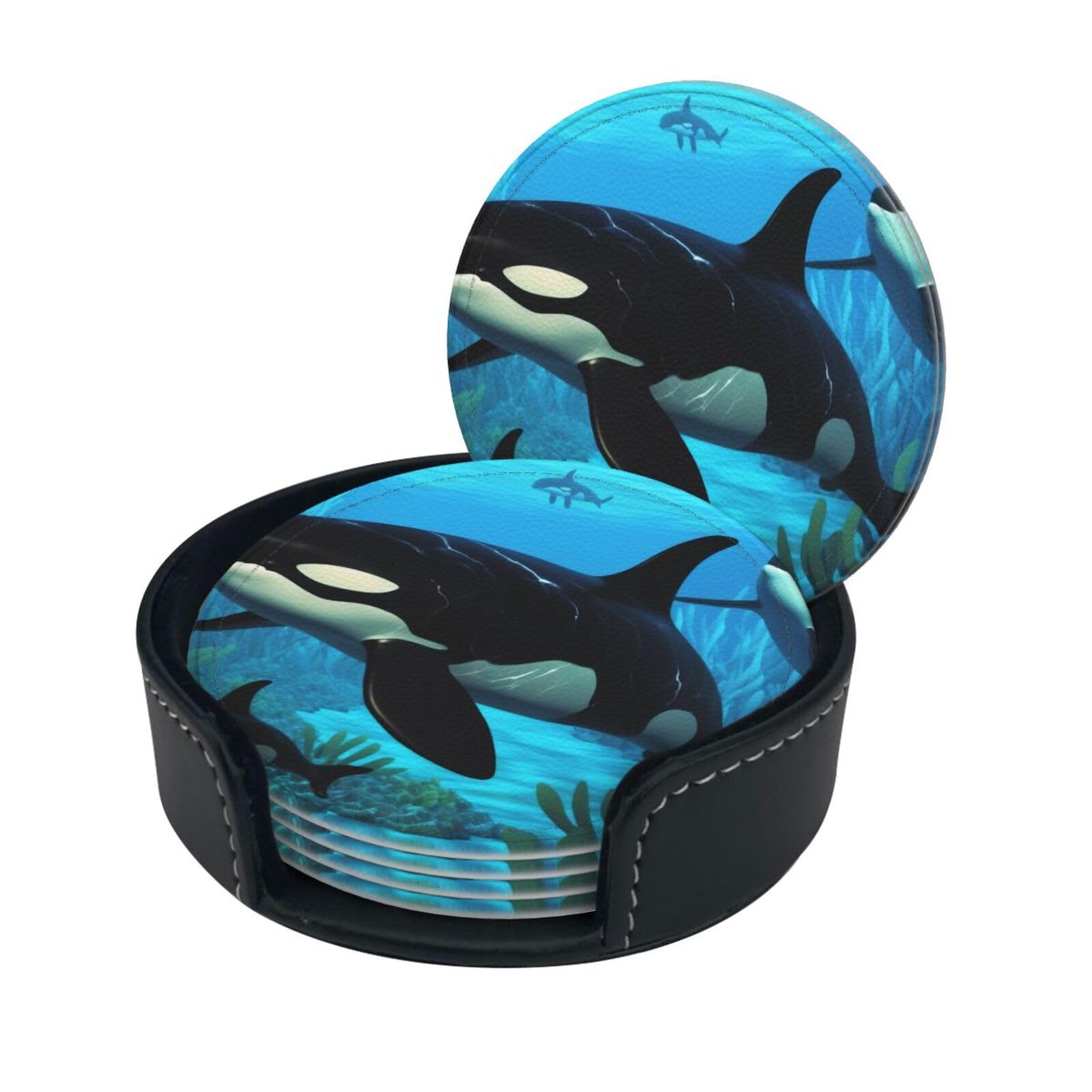 Stylish Coasters - Killer Whales Swim Along Set of 6 Round Leather Drink Coasters with Holder - Perfect Size for Cups and Glasses