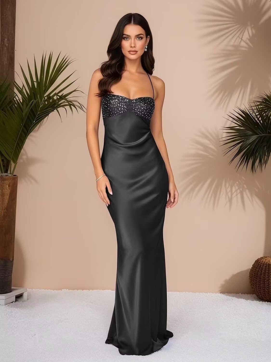 Women’s Satin Maxi Dress with Beaded Bodice and Lace-Up Back – Formal Evening Gown for Weddings and Prom
