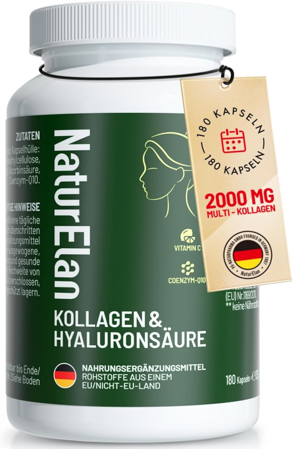 Kollagen Hyaluronsäure Komplex - 180 Premium Kapseln, 2000mg Kollagenhydrolysat Peptide(Typ I &amp; III) mit Hyaluronsäure 400mg, CoQ10 &amp; Vitamin C, Ohne Zusätze
