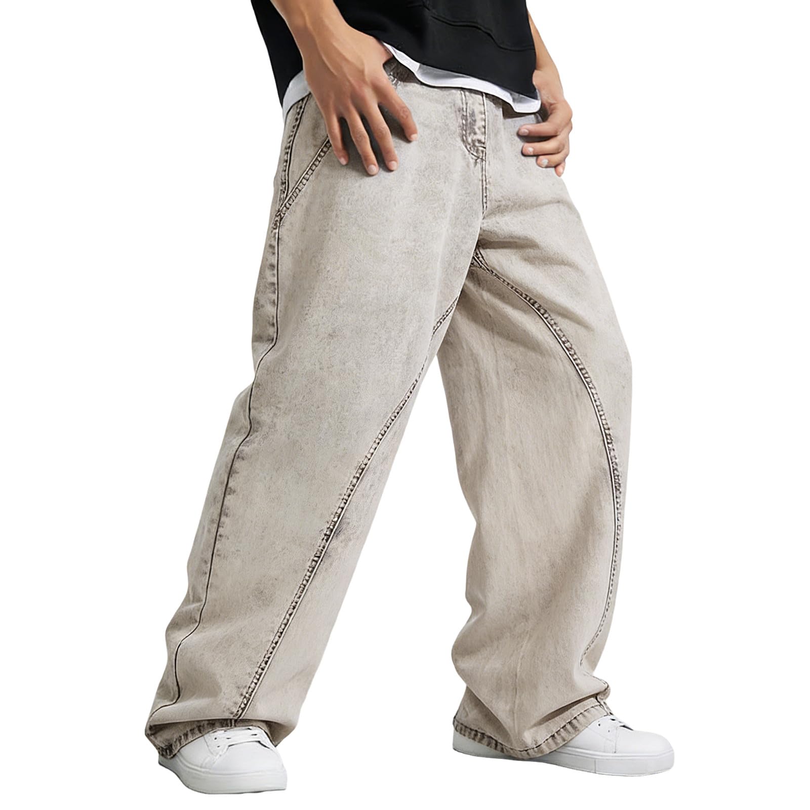 Baggy Jeans da uomo a vita alta, pantaloni in jeans dritti a gamba larga, con tasche, vintage, patchwork denim, per feste, hip hop, pantaloni da uomo, alla moda, per attività all'aria aperta
