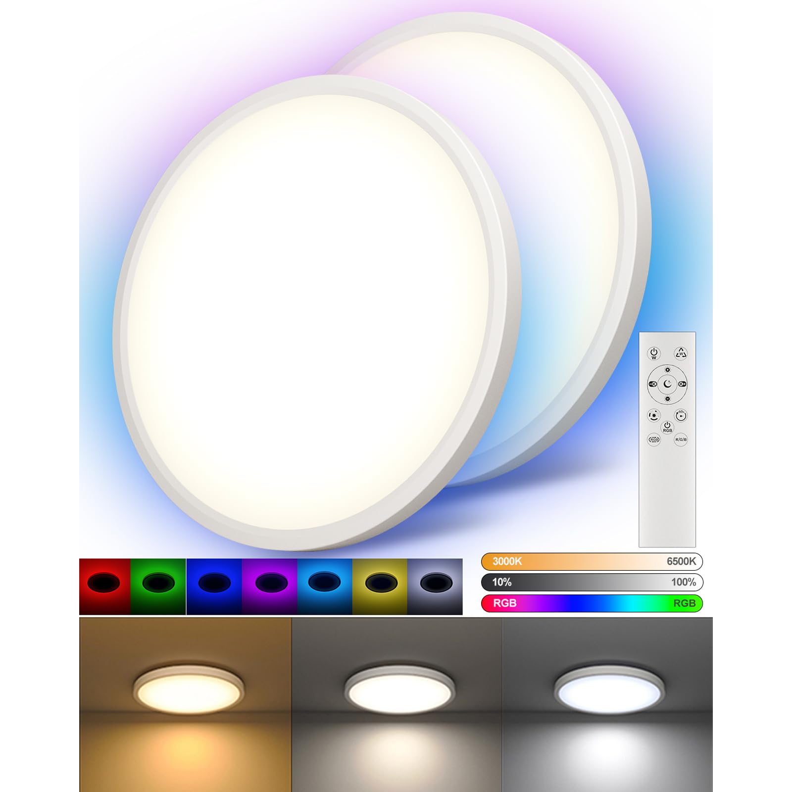 2 Deckenlampe LED Dimmbar, RGB Lampe Decke mit Fernbedienung Bunt Backlight