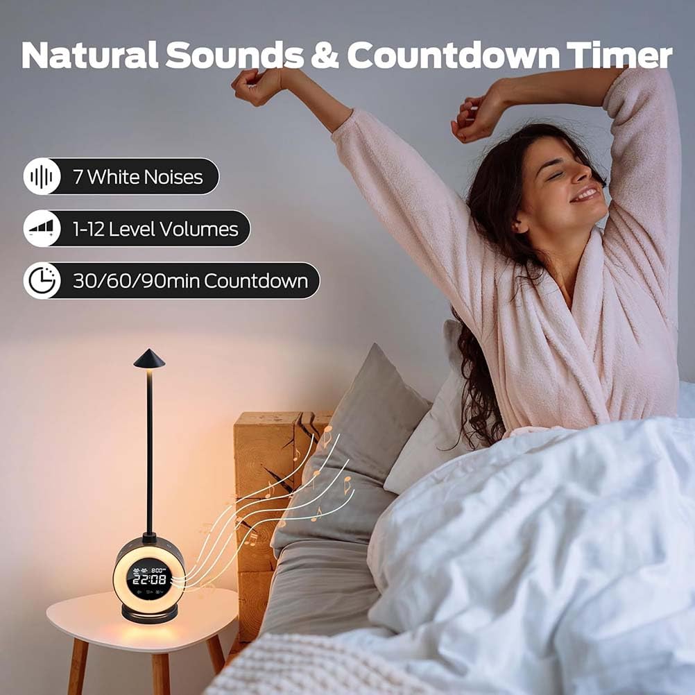 AoLa LED Nachttischlampe mit Touch Dimmbar Tischlampe lnnen mit Uhr/Schlummerfunktion/Wecker Nachtlicht Verstellbar 3 RGB Modi Deko Lampe, 7 White Noise Kinder Nachtlampe Baby Stilllicht