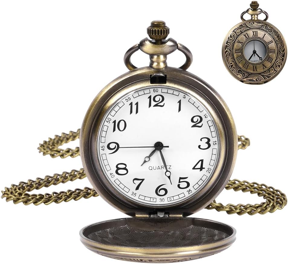 JSMTKJ Zakhorloge, vintage zakhorloge met ketting, Arabische cijfers, kwarts, zakhorloge voor mannen, vrouwen, vader, opa, verjaardag, trouwdag, zwart