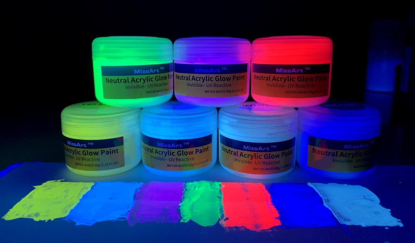 MizoArt SIX Color Invisible UV Paint Set For Indoor/Outdoor Use or Invisible UV Black light Paint Set 0.7oz/pot