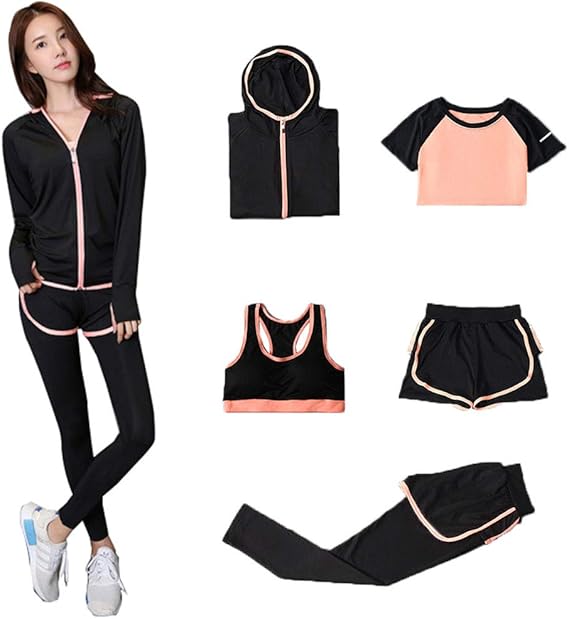 Amazon スポーツウェア レディース ヨガウェア 5点セット 半袖ｔシャツ スポーツブラ ショートパンツ 吸汗速乾 伸縮性 トレーニング ジム ランニング 大きいサイズ フィットネス レギンス パーカー 着瘦せ ヨガ 通販