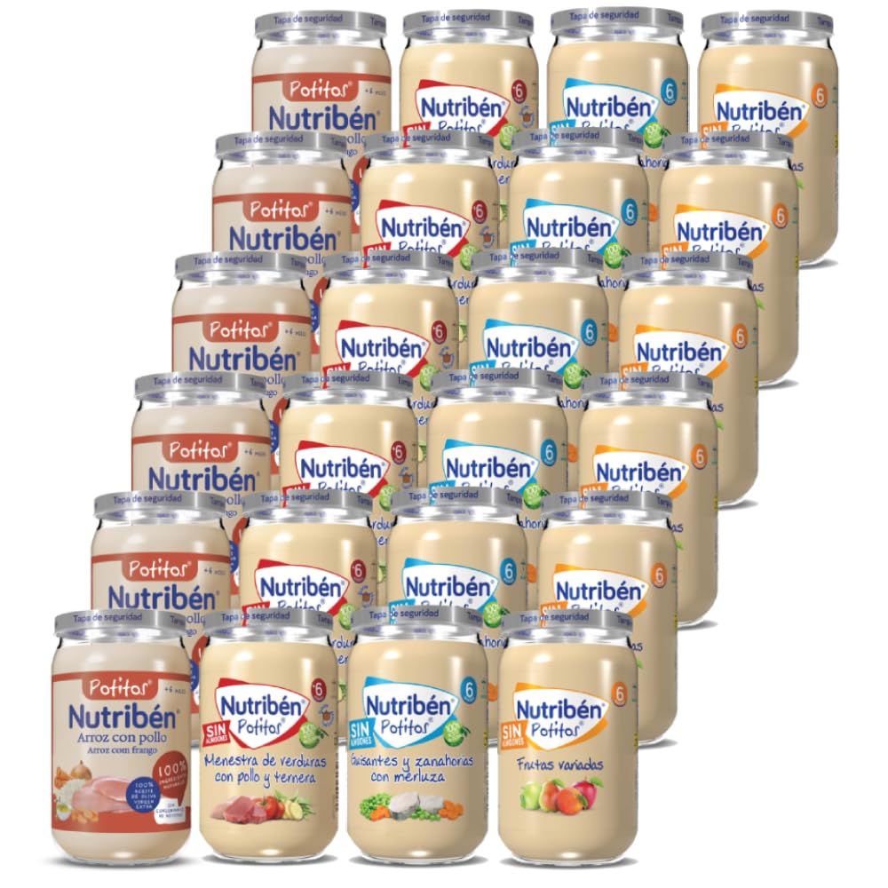 Nutribén Pack 24 Potitos variados Arroz con Pollo Menestra Verdura con Pollo y Ternera Guisantes zanahorias merluza Frutas Variadas 6 Meses 24x235gr