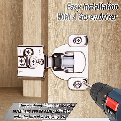 Soft Close Cabinet Hinges, HTCELLE 50 Pack 25 Pair 1/2 inch Overlay Self Slow Closing Door Hinges for Kitchen Cabinets, Face Frame Cabinet Concealed Hinges with Built-in Damper, 3 Way Adjustability