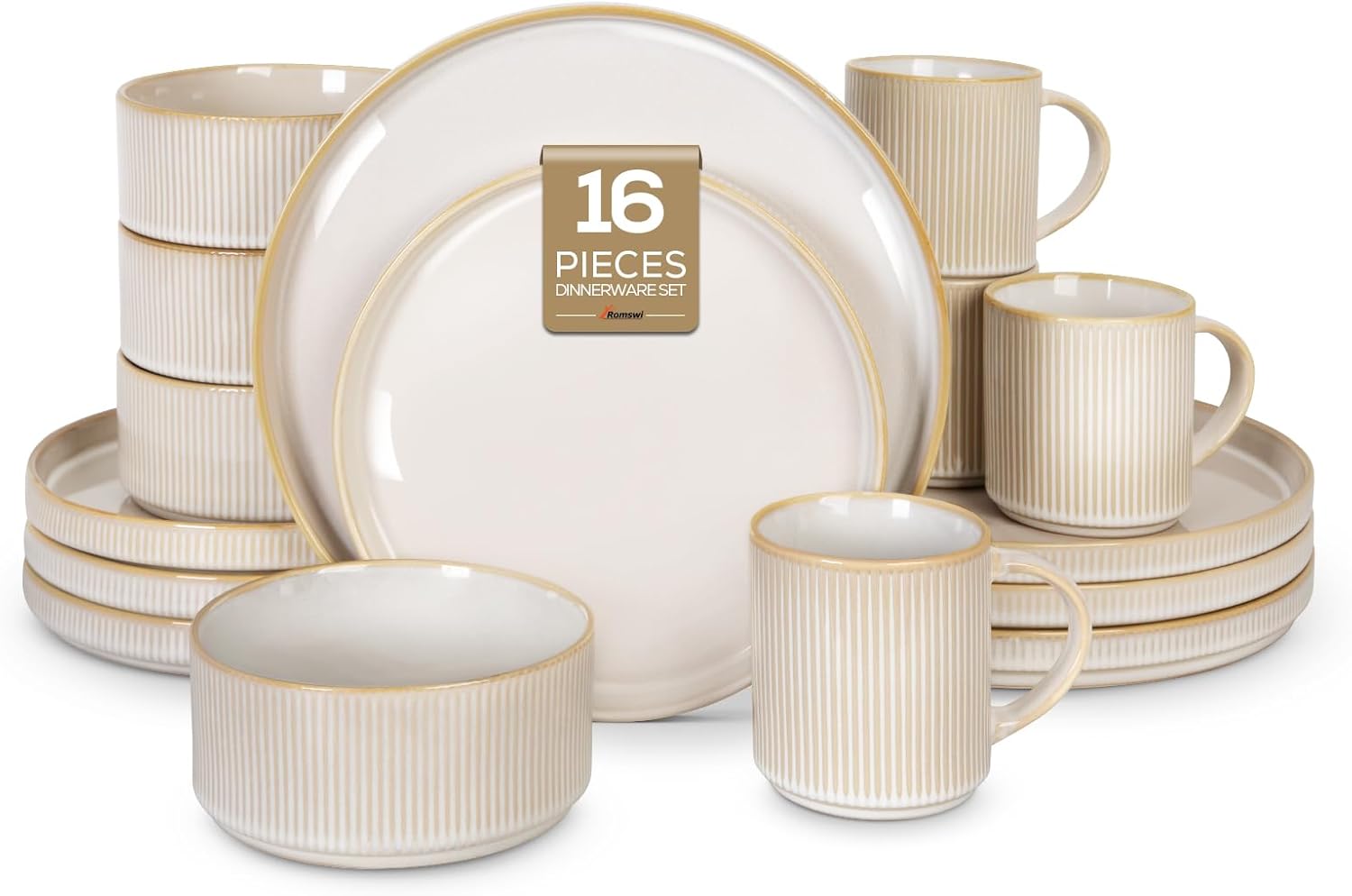 Romswi 16-Piece Stoneware Dinnerware Set for 4 - Plates, Bowls & Mugs, Chip/Scratch Resistant, Oven/Microwave/Dishwasher Safe, Handmade Reactive Glaze, Cappuccino White