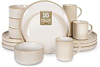 Romswi 16-Piece Stoneware Dinnerware Set for 4 - Plates, Bowls & Mugs, Chip/Scratch Resistant, Oven/Microwave/Dishwasher Safe, Handmade Reactive Glaze, Cappuccino White