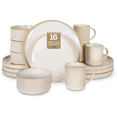 Romswi Dinnerware Set for 4, 16Pcs Stoneware Plates and Bowls Sets with Mugs, Chip & Scratch Resistant Dish Set, Handmade Reactive Glaze Plate Set, Oven,Microwave and Dishwasher Safe, Cappuccino White