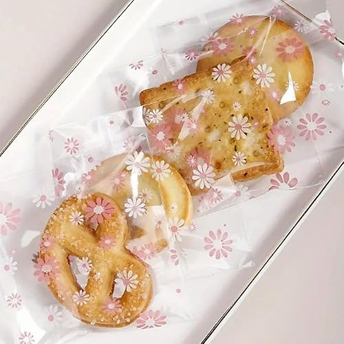 Miniatura 2 de 100 bolsas de galletas de margaritas blancas y rosadas, bolsas de dulces autosellantes para golosinas, galletas, postres, bonitas bolsas de celofán