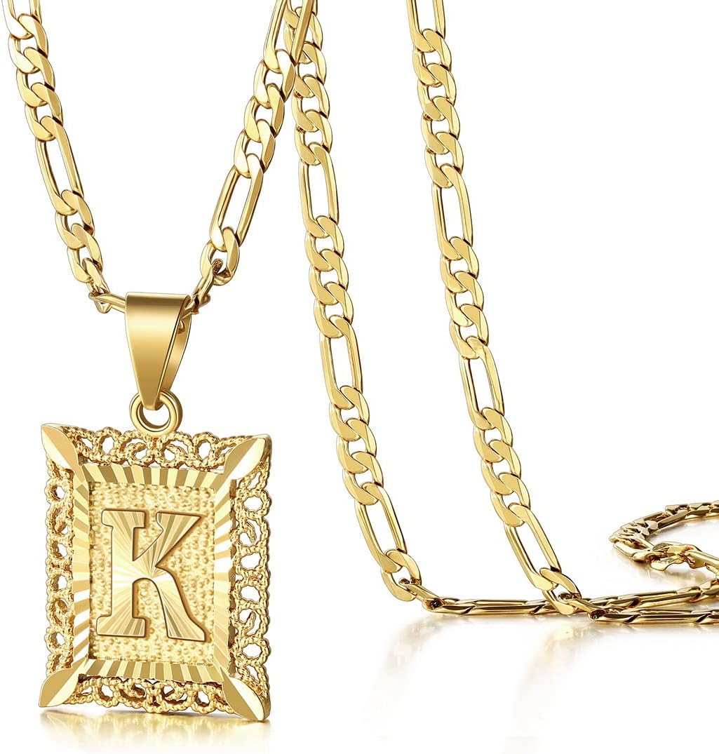 Initial Letter Pendant Necklace for Men Women, 14K Gold Plated Square Capital Monogram Necklace Alphabets from A-Z Figaro Chain Jewelry