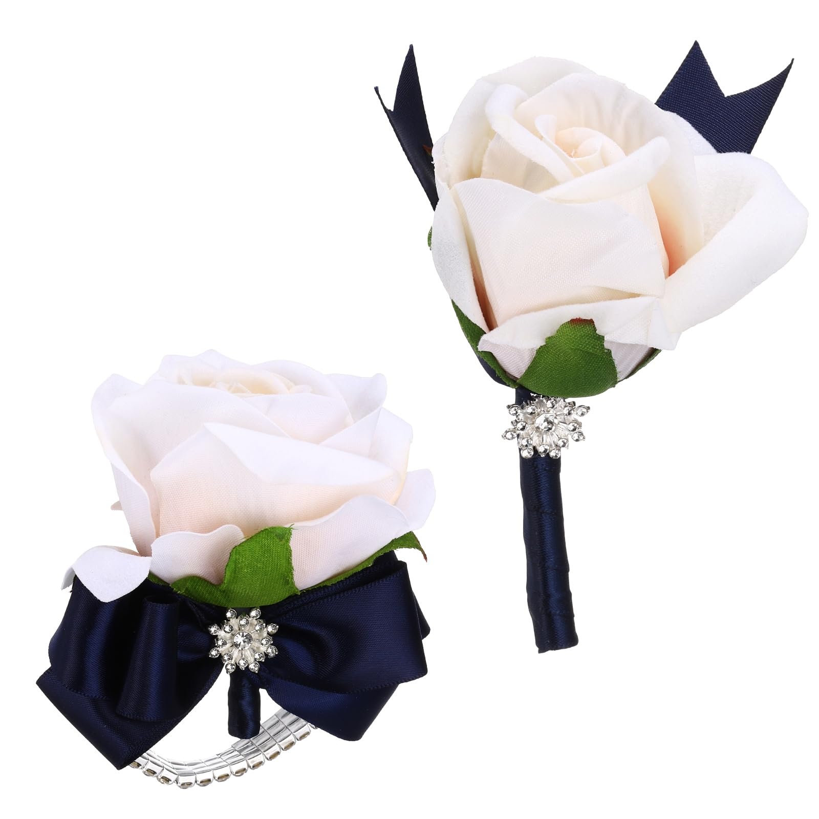 sourcing map 2Pcs Rose Wrist Corsage Boutonnieres Set, Artificial Wrist Corsages Men Boutonnieres with Navy Blue Satin Ribbon Rhinestone Decor for Prom Wedding Party, Champagne