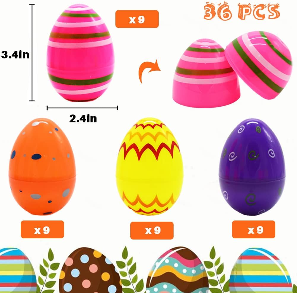 WODMAZ 36 Pcs 3.4" Plastic Printed Bright Easter Eggs, Assorted Prints and Colors Eggs for Surprise Egg Easter Basket Fillers, Easter Basket Stuffers, Easter Hunt Event, Classroom Prize Supplies