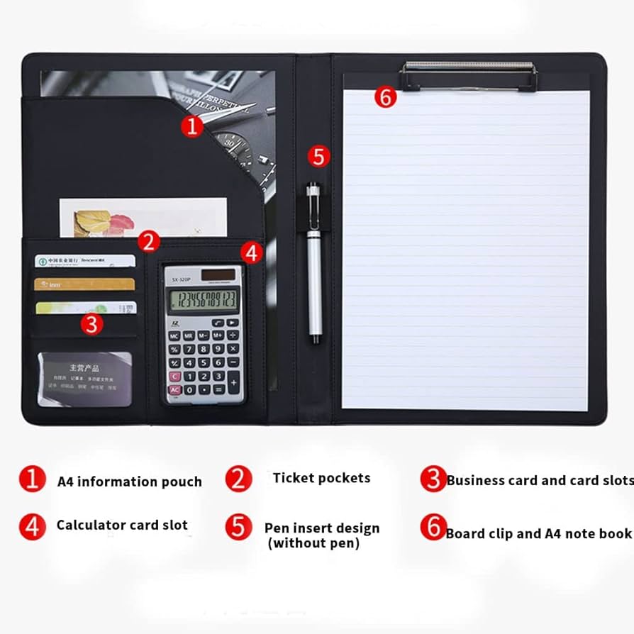 A4 Letter Size PU Leather Clipboard, 9"x12" Business Magnetic Padfolio With Pen Holder Organizer Office Folder Writing Board, Black